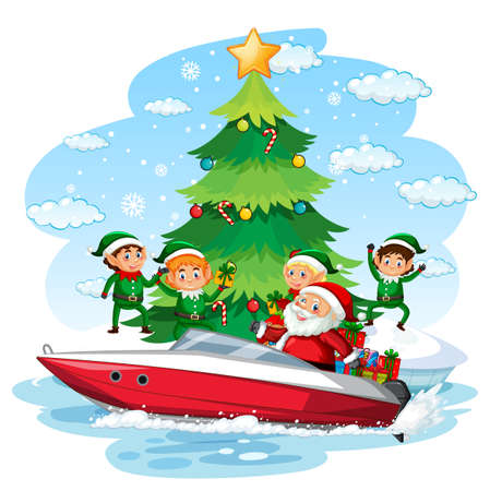 Santa Claus delivering gifts by boat illustrationのイラスト素材