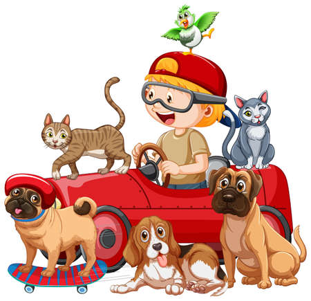 A boy with his cute dogs in cartoon style illustrationのイラスト素材
