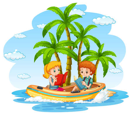 Isolated cartoon island with children on inflatable boat illustrationのイラスト素材