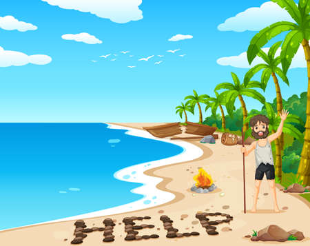 A man on deserted island isolated illustrationのイラスト素材