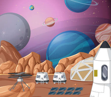 Landscape of planet surface with colony buildings illustrationのイラスト素材