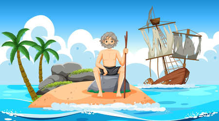 A man on deserted island isolated illustrationのイラスト素材