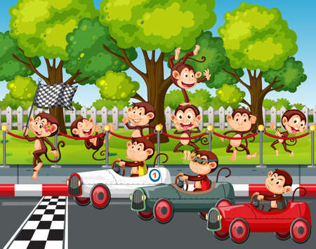 Race track scene with monkey racing drivers illustrationのイラスト素材