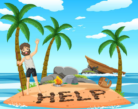 A man on deserted island isolated illustrationのイラスト素材