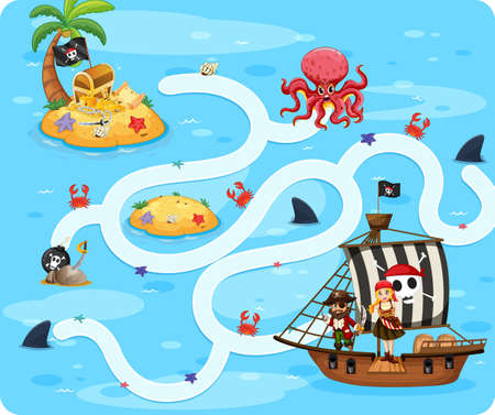 Snake and ladders game template with pirate theme illustrationのイラスト素材