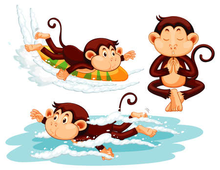 Three monkeys doing different activities illustration
