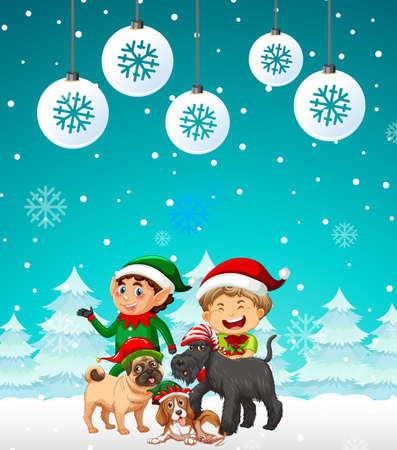 Christmas poster design with two elves and dogs on snowy background illustrationのイラスト素材