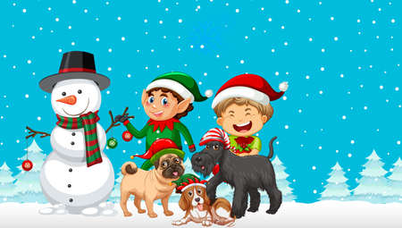 Christmas cartoon characters on snowy blue background illustrationのイラスト素材