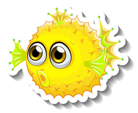 Sea Animal Cartoon Sticker with Puffer Fish illustrationのイラスト素材