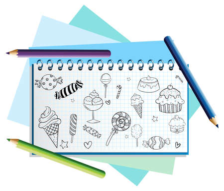 Hand drawn doodle icons on notebook page illustrationのイラスト素材