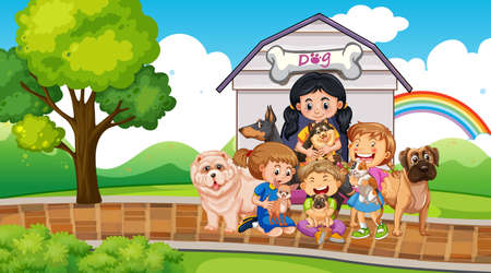 Park scene with children playing with their pets illustrationのイラスト素材