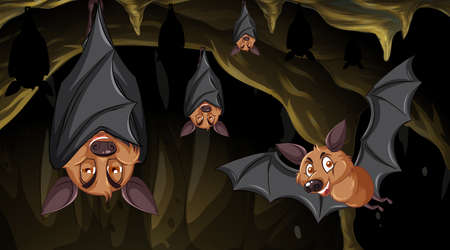 Cave scene with group of bats in cartoon style illustrationのイラスト素材