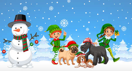 Christmas snowman and dogs on snowy blue background illustrationのイラスト素材