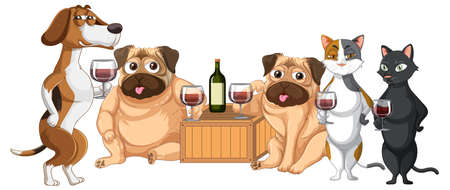 Dogs and cats drinking wine together illustrationのイラスト素材
