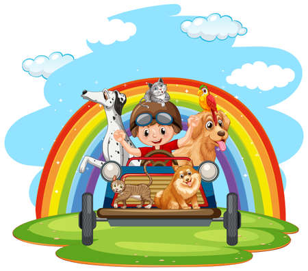 A boy driving a car with many dogs illustrationのイラスト素材