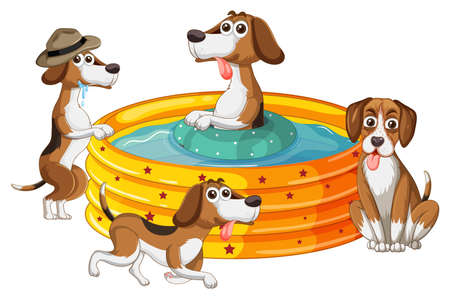 Many dogs bathing in the rubber tub illustrationのイラスト素材