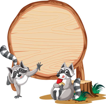 Raccoon with wooden sign banner illustrationのイラスト素材