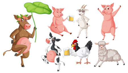 Set of different farm animals in cartoon style illustrationのイラスト素材
