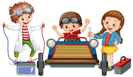 Children repairing a car together illustrationのイラスト素材