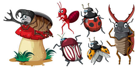 Set of different insects and beetles in cartoon style illustrationのイラスト素材
