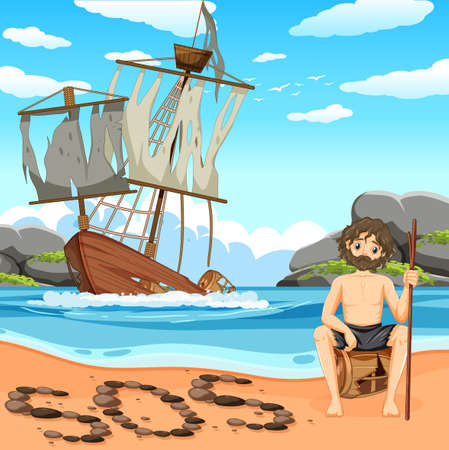 A man on deserted island isolated illustrationのイラスト素材