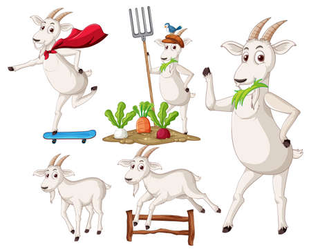 Set of different cute goats in cartoon style illustrationのイラスト素材