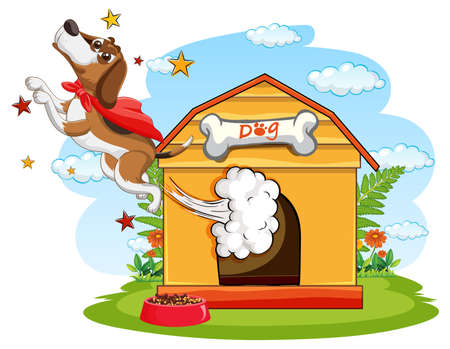 Dog with red cape flying out of doghouse illustrationのイラスト素材