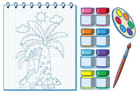 A notebook with a doodle sketch design and watercolour illustrationのイラスト素材