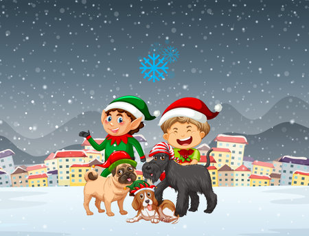 Snowy night scene with Christmas cartoon characters illustrationのイラスト素材