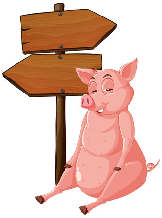 Isolated wooden signpost banner with pig illustrationのイラスト素材