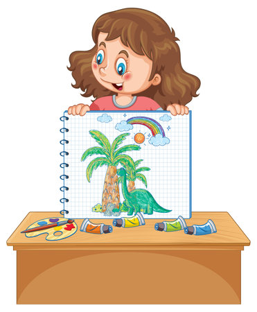 A girl holding notebook with a doodle sketch design on white background illustrationのイラスト素材