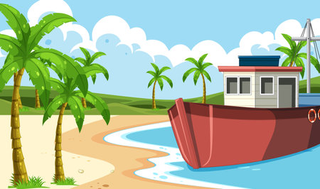 boat, ship, transportation, sea, beach, ocean, view, outdoor, background, island illustrationのイラスト素材