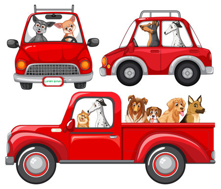 Set of dogs driving in red car illustrationのイラスト素材