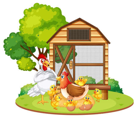 An isolated scene with a group of chickens in cartoon style illustrationのイラスト素材
