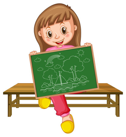 A girl holding board with a doodle sketch design on white background illustrationのイラスト素材