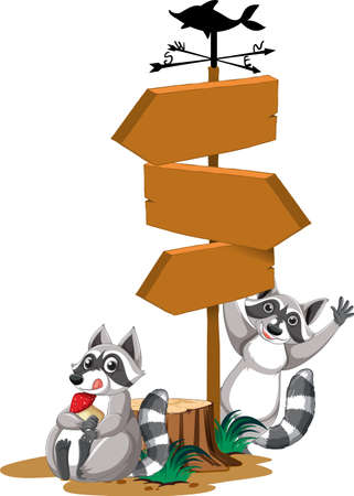 Raccoon with wooden sign banner illustrationのイラスト素材
