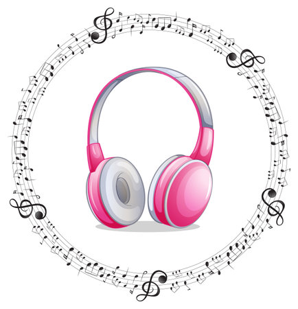A pink headphone with musical notes on white background illustrationのイラスト素材