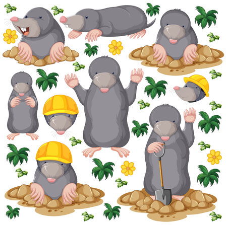 Funny guinea pig and mole on white background illustrationのイラスト素材