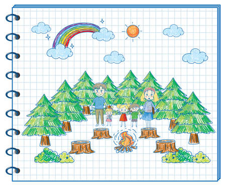 A notebook with a doodle sketch design with colour at the cover page illustrationのイラスト素材