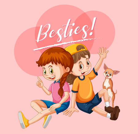 Best friend girls cartoon character with besties lettering illustrationのイラスト素材