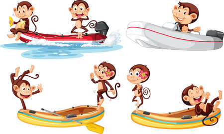 Set of monkeys on different boats illustrationのイラスト素材