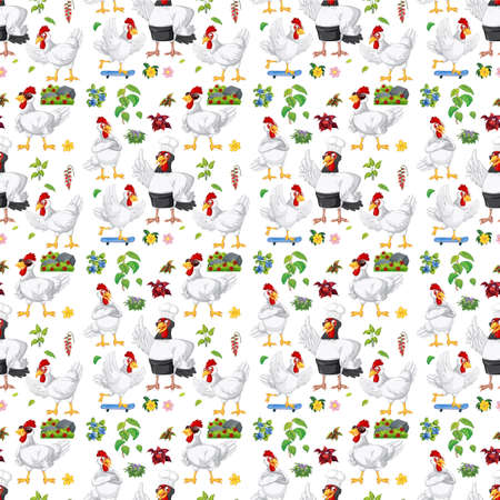 Funny chicken on white background seamless illustrationの写真素材