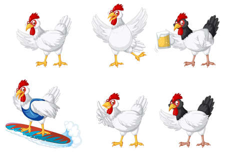 Set of different chickens cartoon character illustrationのイラスト素材