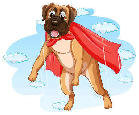 Cute dog with red cape flying in the sky illustrationのイラスト素材