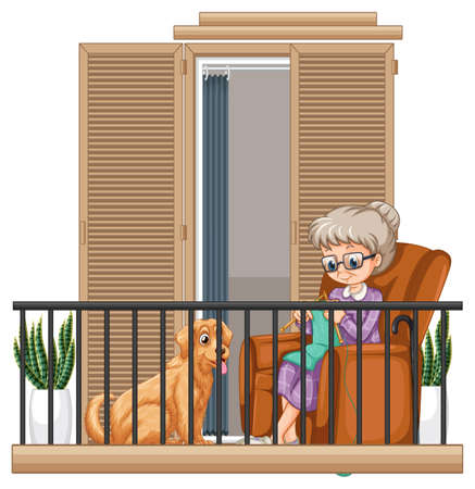 Old woman knitting on the balcony illustrationのイラスト素材
