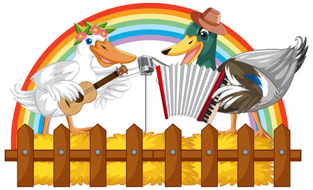 Little duck singing and play guitar, accordion on white ground illustrationのイラスト素材