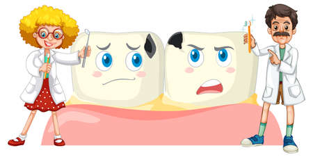Dentist holding dental cleaning equipment with big teeth on white background illustrationのイラスト素材