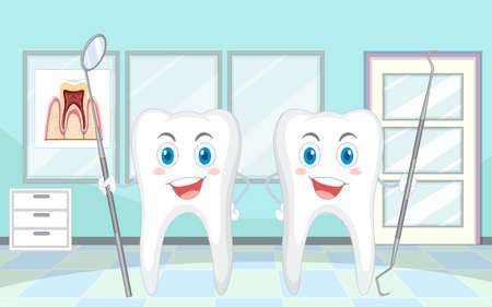 Happy big teeth holding dental examination kit in clinic illustrationのイラスト素材