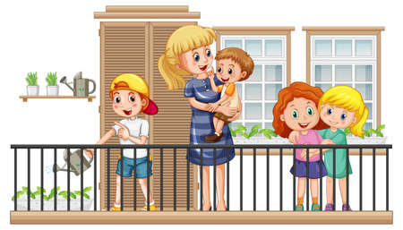 Balcony scene with a woman and her children illustrationのイラスト素材