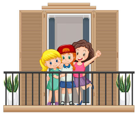 Three girls standing on the balcony illustrationのイラスト素材